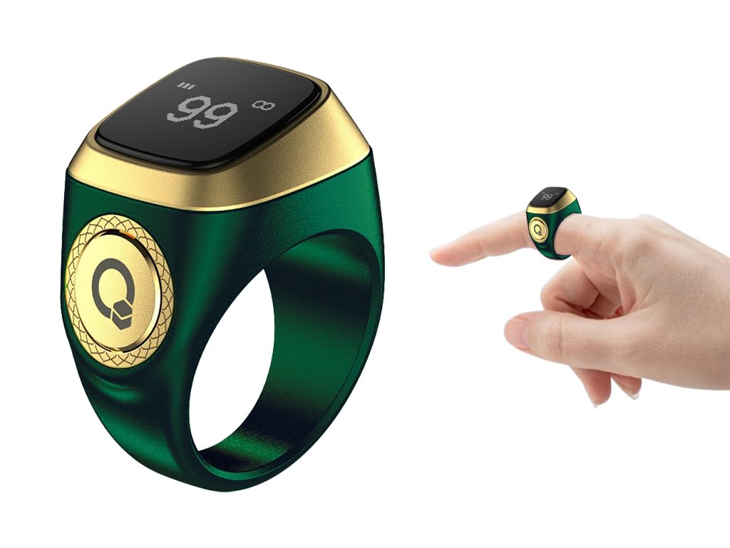 Hitopin Smart Ring Counter, Smart Tasbih Zikr Ring, Muslim Islamic Prayer Smart Rings,Tasbih Counter Smart Ring, Digital Electronic Smart Tally Counter, Tasbeeh Smart Counter for Prayer (Green, 18mm)