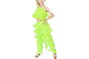 Libaobaoyo Girls 2 Piece Latin Ballroom Dance Outfits Set Tassel Camisole Fringe Pants Modern Salsa Dancewear