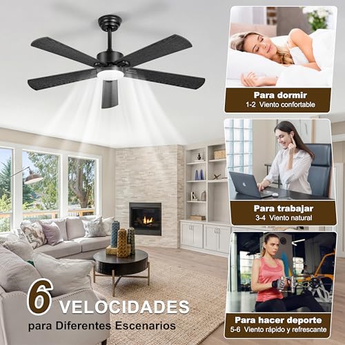 Ohniyou Ventilador de Techo de 52 Pulgadas, Luz Regulable y Control Remoto, 6 Velocidades, Motor DC Reversible Silencioso, Ventilador de Techo de 5 Palas para Dormitorio, Patio, Oficina (Negro)