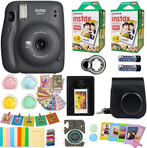 Fujifilm Instax Mini 11 Digital camera + Fuji Instantaneous Instax Movie (40 Sheets) Contains Case + Assorted Frames + Photograph Album + 4 Coloration Filters and Extra Equipment Bundle (Charcoal Grey)