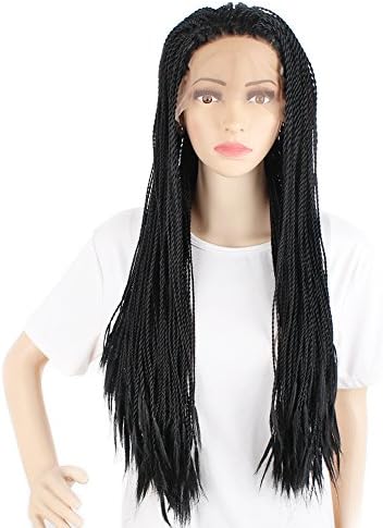 African American Woman Hand Knoted-Braided Lace Hair Wigs Heat Resistant Synthetic Hair Box Braid Lace Front Wigs 1B#(26 inch,1 piece)