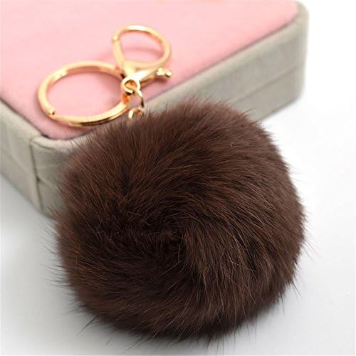 Yetagoo Rabbit Fur Pom Pom Keychain Use for Bag Car Purse Charm Fluffy Fur Ball Gold Key Ring (Brown)