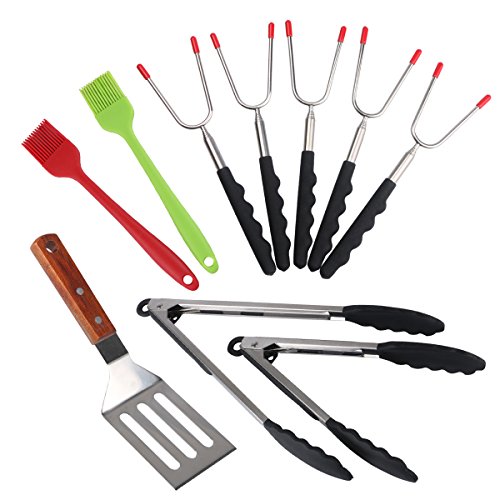 Unime 10 Pieces BBQ Grill Tool Set, 5 Marshmallow Extendable Roasting Sticks, 9
