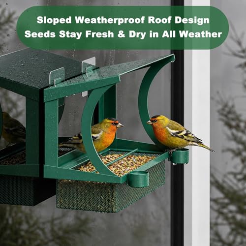 FANHAO Mangeoire Oiseaux Fenêtre 2-en-1 Métal, Extérieur sans Perçage | Plateau en Maille Métal, Toit Incliné, 2 Coupelles D’eau,Crochet Adhésif Pour Fenêtre, Jardin, Balcon et Terrasse