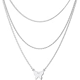 Vanbelle Sterling Silver Jewelry - Rhodium Plated with 925 Stamp - Three Layers of Chain Necklace with Butterfly Pendant for Women - 16.5" long + 2" Extender - Valentine's Collection Necklace