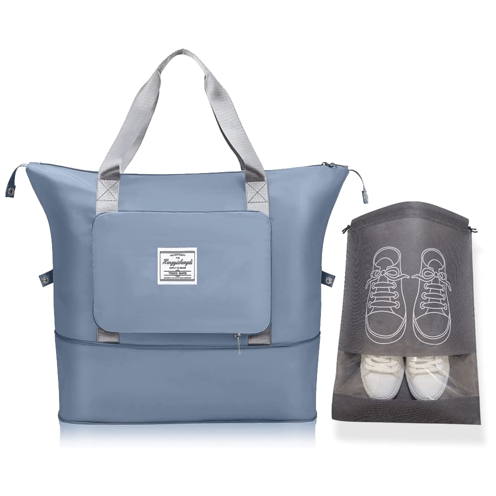 PINC® Foldable Travel Duffel Bag, Gym Duffel Bag, Sports Tote Gym Bag, Waterproof Beach Bag, Large Capacity Duffel Bag for Men and Women (Blue) + Shoe Bag (Grey)