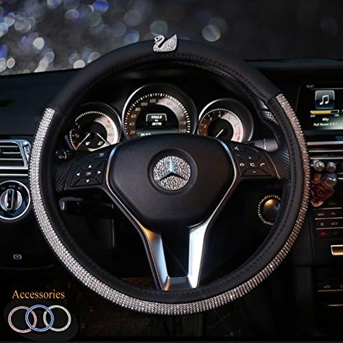 ALVAZA Crystal Car Steering Wheel Cover Bling Bling Rhinestones Car Diamond with Genuine Leather and Swan Decro Not Slip Breathable Steering Covers