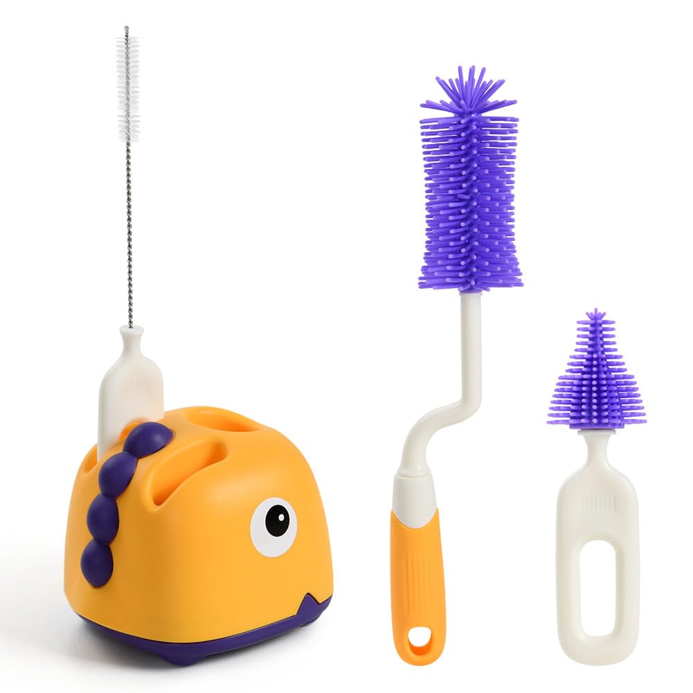 Vicloon Baby Bottle Brush, 4 in 1 Rotary Bottle and Teat Cleaning Brush, Silicone Bottle Cleaner Brush for Cleaning Water Bottles Baby Bottles Glass Cup Thermose, Purple-yellow