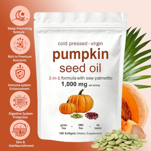 KITABIO Pumpkin Seed Oil Capsules | Pumpkin Seed Oil with Saw Palmetto - Cold-Pressed | Easy-to-Swallow Softgels – Resealable Package | Non-GMO - 180 Pc/1 Bag (Z-1)