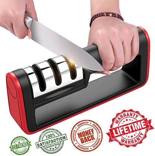 Knife Sharpener - Kitchen Manual Knife Sharpener, 3-Stage Diamond Professional Knife Sharpening Tool To Help Blunt Knife Into Sharp Knife (Black)