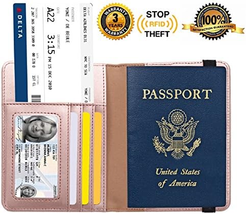 Passport Holder Cover Wallet DESERTI BRANDS RFID Blocking Leather Card Case Travel Document Organizer - Rose Gold