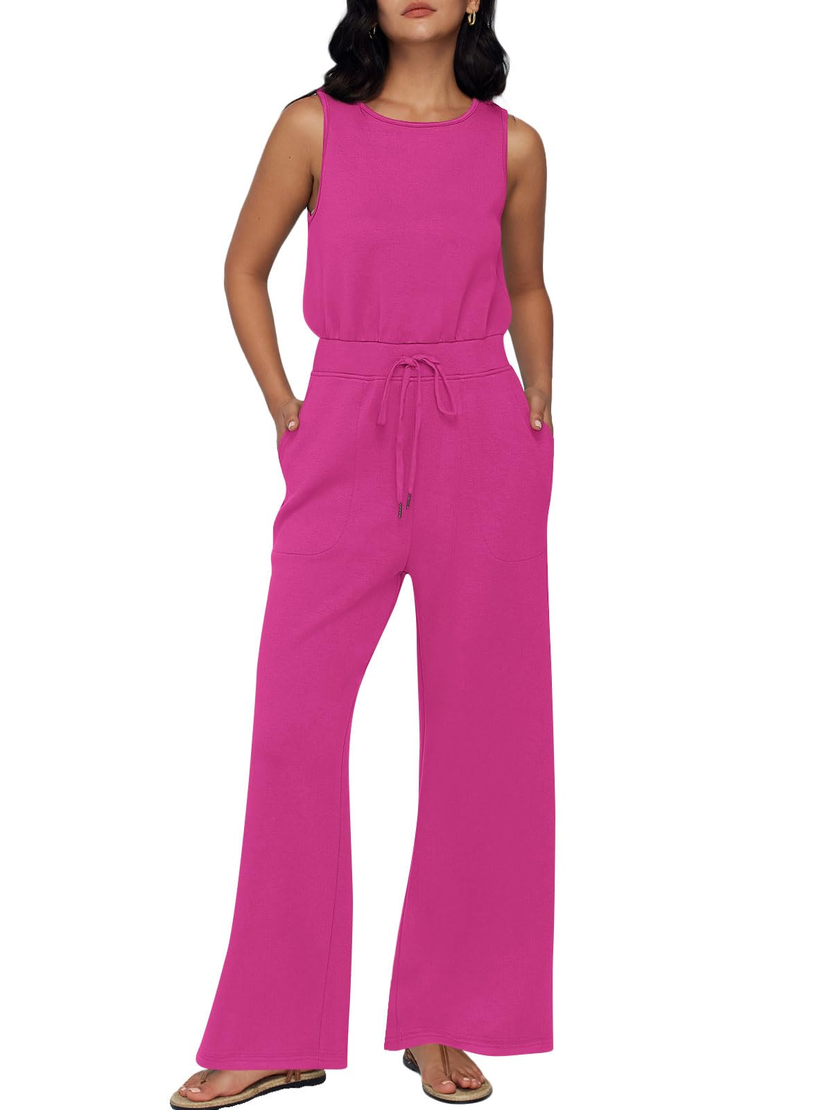 Photo 1 of AUTOMET Womens Jumpsuits Dressy Summer Outfits Casual Sleeveless Wide Leg Long Pants Rompers Fashion Clothes 2024 Hot Pink M