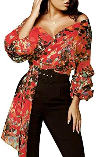 Glamaker Women's Off Shoulder V Neck Long Sleeve Floral Print Wrap Top Blouse Shirt with Belt