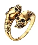 HIJONES Men's Stainless Steel Gold Double Head Skull Snake Biker Ring Size 10