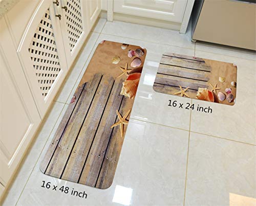 Beach Kitchen Rugs, Goodbath Seastar Shell Conch on Ocean Beach Sand Wooden Board Non Slip Bath Rug Set 2 Piece, 16” x 48” and 16” x 24”, Brown