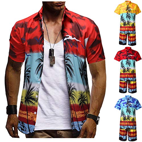 lotteQW Fashion Men's Casual Button Hawaii Print Beach Short Sleeve Quick Dry Suit 2019 New Suit - Thumbnail 3