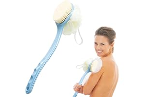 Bath Brush with Curved Long Handle Shower body brush with bristles and Sponge Loofahs,Back Scrubber Bath Mesh Sponge for Skin