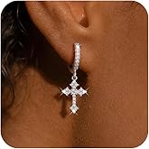 Bykuvo Gold Hoop Earrings For Women Men-Silver Dangle Drop Earrings,Hypoallergenic Huggie Hoop Earrings Trendy-Dainty Diamond Cubic Zirconia Cross Earrings,Simple Christmas Christian Easter Jewelry Gifts