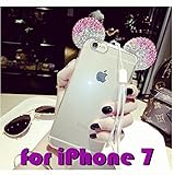 iPhone 7 / 7+ PLUS Case, 3D Mickey & Minnie Mouse Pink/Silver Crystal Diamond Bling Rhinestone Ears Clear TPU Rubber Cover with Lanyard & Stylus Pen (iPhone 7)
