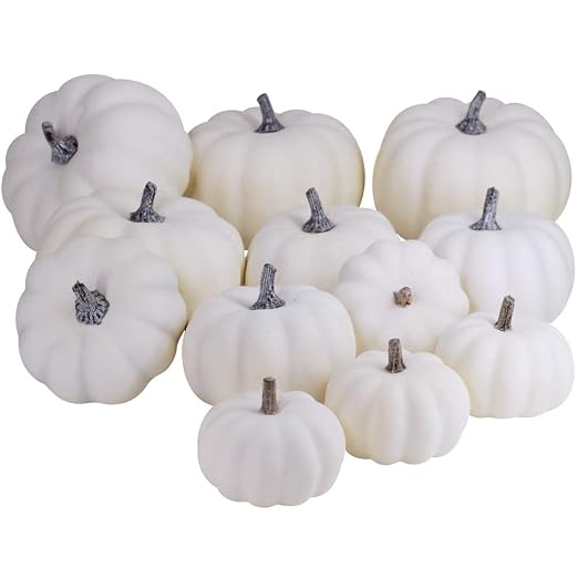 besttoyhome 12 PCS Assorted Sizes Rustic Harvest White Artificial Pumpkins for Halloween, Fall Thanksgiving Decorating Harvest Embellishing and Displaying