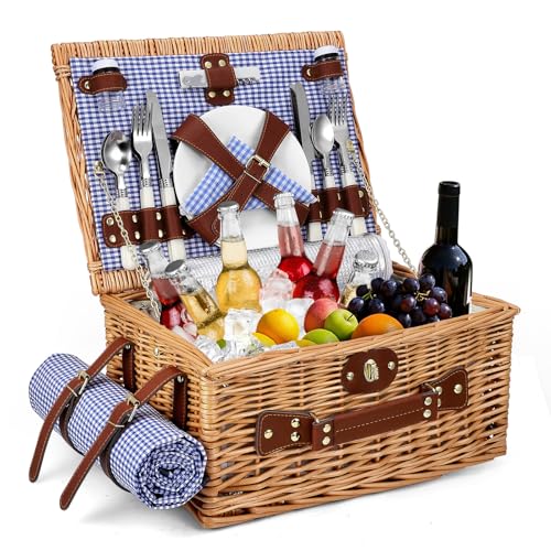 Wicker Picnic Basket for 4 People, Hand Braided Basket with Integrated Insulation and Waterproof Blanket - Complete Set with 4 Cutlery, Plates, Glasses for Camping Beach Garden