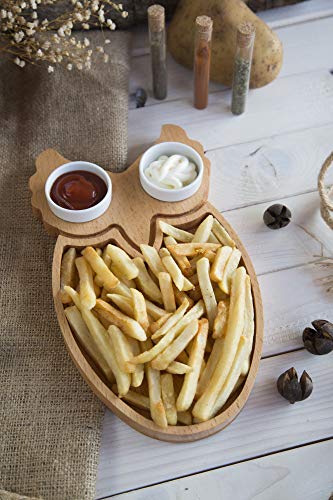 The Mammoth Design Chips and Dip Serving Platter | Serveware with Porcelain Sauce Bowl | Organic Wooden Snack, Appetizer Tray, Dish | Decorative Home, Kitchen Accessory | for Kids, Adults (Owl)