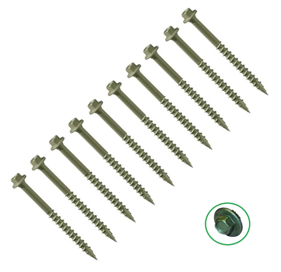 TERF® Heavy Duty Landscape Hex Washer Head Screws 7.0 X 65mm Hex Flanged Head Drive Green Finish Anti Corrosion Screws 7.0 X 65mm For Outdoor Timber Frame Construction Landscape Screw - Pack of 10
