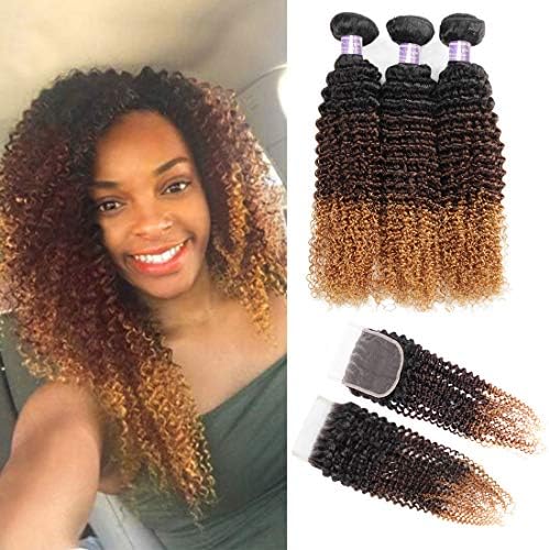 Brazilian Kinkys Curly Hair Ombre Bundles with Closure 10a 3 tone Color 1B/4/27 Remy Virgin Ombre Curly Human Hair 3 Bundles with 4X4 Lace Closure Free Part (10 12 14+10inch)
