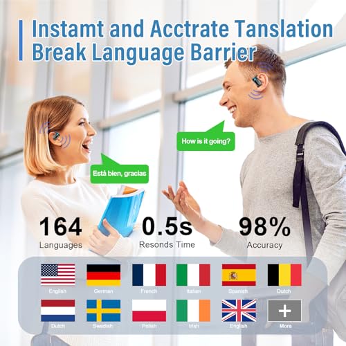 AI Auriculares Traductores de Idiomas, 7 Modos de 58H Auriculares Bluetooth Oído abierto para Viajes Negocios, 2026 Bluetooth 5.4 Traducción Audífonos de traducción en tiempo real 164 idiomas, Negro