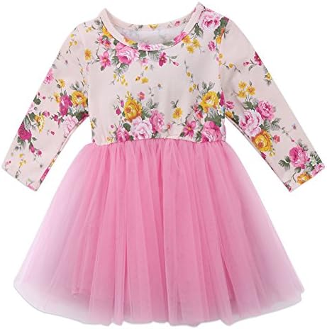 Toddler Kids Baby Girls Fall Cotton Skirt Long Sleeve Floral Print Tutu Lace Princess Tulle Dress (4-5T, Floral)