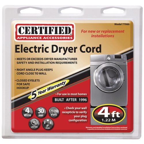 Certified Appliance 77060 4-Wire Dryer Cord, 4-Feet