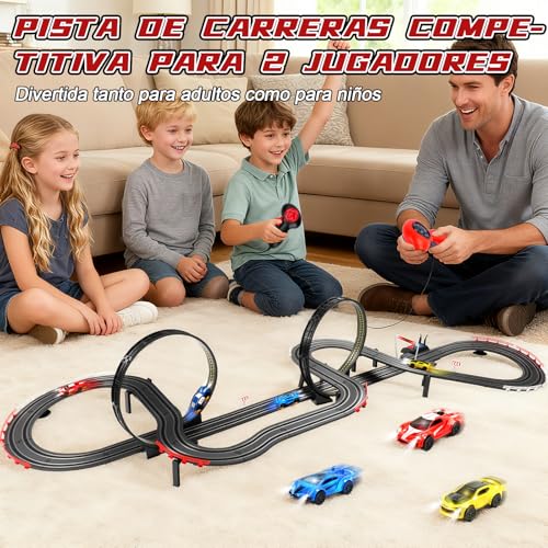YOOHBERRYS Track Racing Electric, 1:64 Track Cars Kids Track Cars -4 LED Cars, USB, Remote Control, Lap Counter, 360° Loop, Extra Long Circuit Car 3+ Years Toy Gifts (737CM)