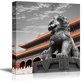 Black and White Photograph with Pop of Color on The Chinese Temple - Canvas Art Home Art - 12x12 inches