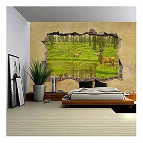 Deers in The Forest Viewed Through a Broken Wall - Large Wall Mural, Removable Peel and Stick Wallpaper, Home Decor - 66x96 inches