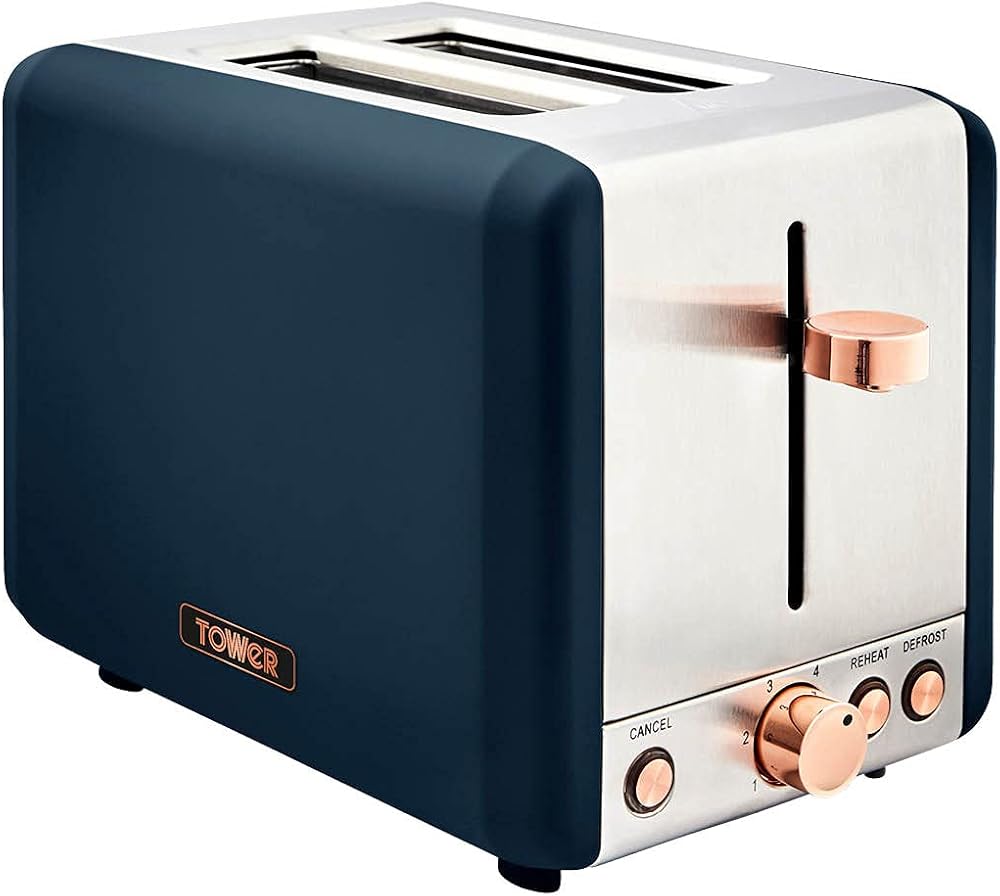 Tower Cavaletto 2-Slice Toaster Defrost Reheat 850W Midnight Blue Rose Gold