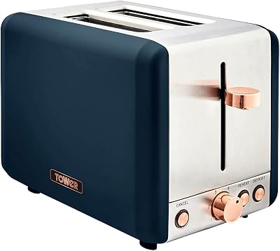 Tower Cavaletto 2-Slice Toaster Defrost Reheat 850W Midnight Blue Rose Gold