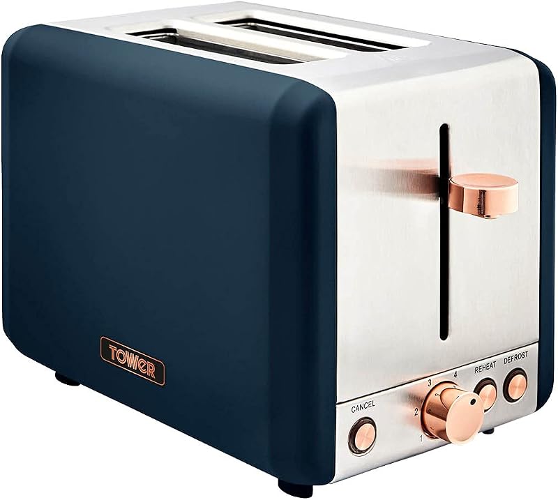 Tower Cavaletto 2-Slice Toaster Defrost Reheat 850W Midnight Blue Rose Gold