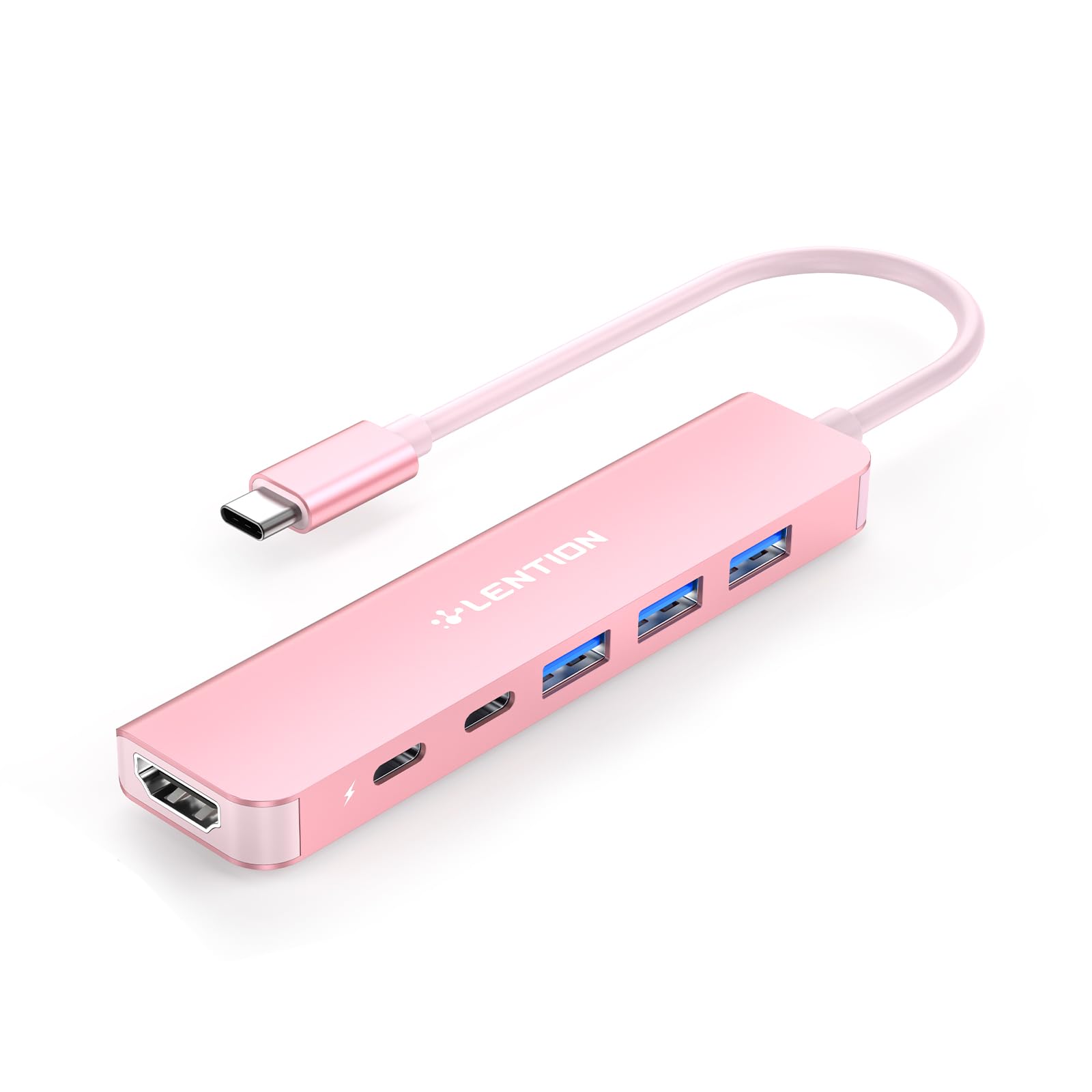 LENTION USB C Hub, 6 in 1 Adapter with USB C Data, 4K HDMI, 3 USB 3.0, 100W PD Compatible 2026-2016 MacBook Pro, New Mac Air, iPad, More Type C Devices (CE35s, Rose Gold)