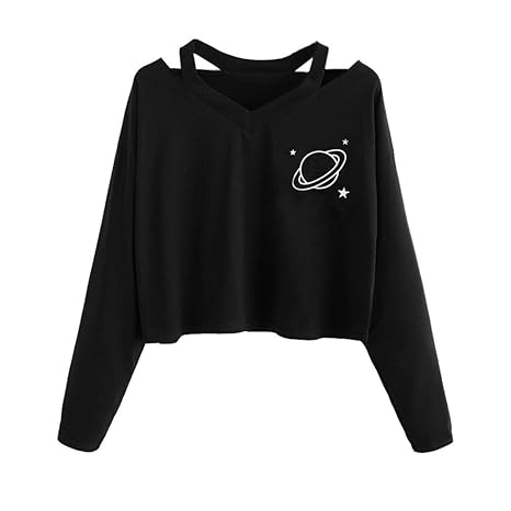 Weant Lange Ärmel Pullover Jugendlich MäDchen Crop Tops Schulterfreie Oberteil Hohl Sternenklarer Himmel Drucken Bauchfreies 