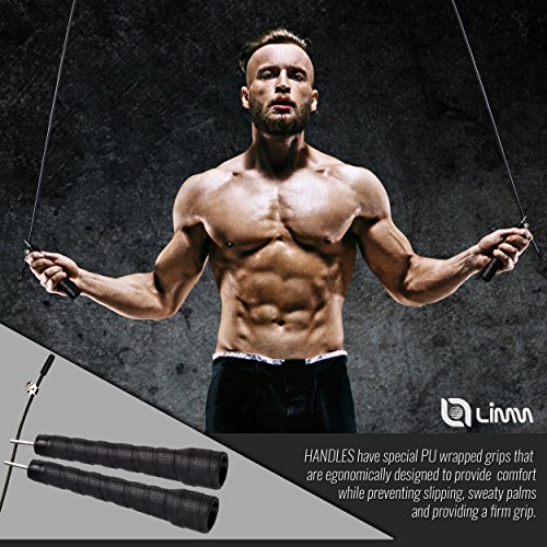 Limm High Speed Cable Jump Rope with Non-Slip PU Leather Handles & Carry Bag| Adjustable 10ft Exercise Jumping Rope | Fast Skipping Rope for Crossfit, Boxing, Men, Women, Kids (Black)