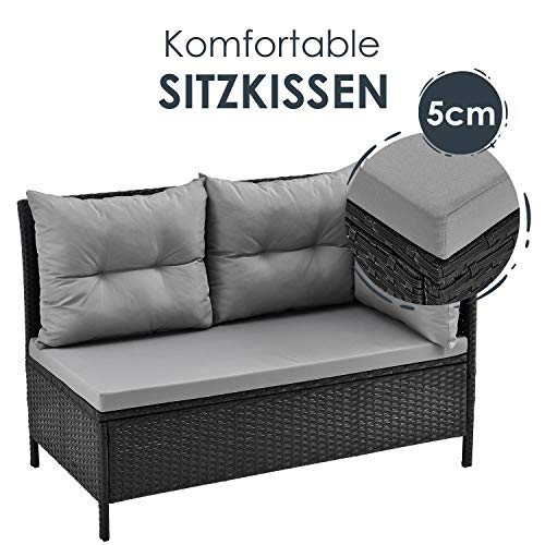 Juskys Polyrattan Lounge Manacor mit Ecksofa, Esstisch, 2 Hocker & Kissen - wetterfest bis 7 Personen - Bezüge waschbar - Rattan Garten Sitzgruppe Gartenlounge Gartenmöbel Set - Schwarz/Grau – Bild 8