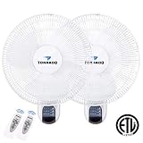2 Pack - Tornado 16 Inch Digital Wall Mount Fan - Remote Control Included - 3 Speed Settings - 3 Oscillating Settings - 65 Inches Power Cord - ETL Safety Listed
