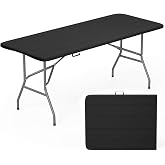 FDW | 6FT Folding Table | Black Wood Grain | Portable Plastic Table | with Carry Handle | Waterproof &amp; Foldable Table Design | Steel Frame with Lock | for Events, Camping, Indoor &amp; Outdoor Use