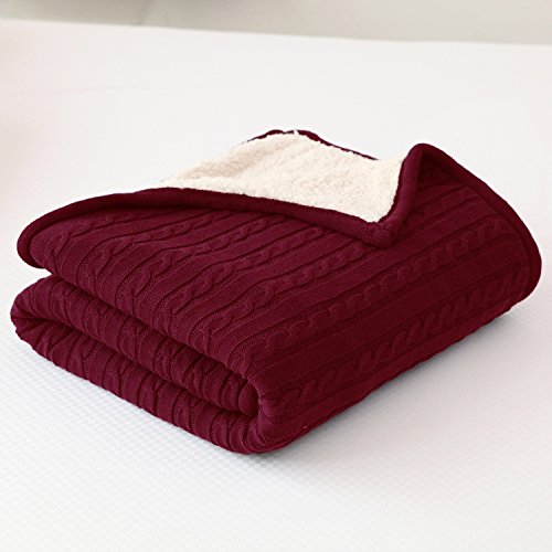 CottonTex Cotton Knitted Cable Blaket Sherpa Lined Throw Soft Warm Cover Blanket with Sherpa Lining Knitting Pattern, 47x70 Inches, Burgundy