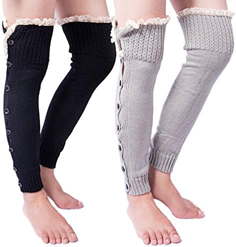 2 Pack of Womens Cable Knit Leg Warmers Knitted Crochet Long Socks (one size, 2 Pack (White+LightGrey))