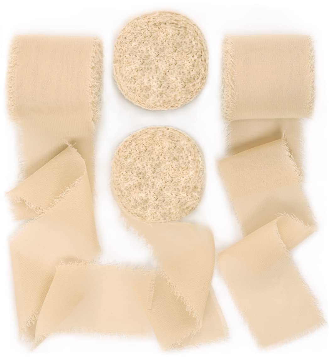 Socomi Champagne Handmade Fringe Chiffon Silk Ribbon 1-3/4" x 7Yd 4 Rolls Frayed Ribbons for Wedding Invitations Bridal Bouquets Wrapping