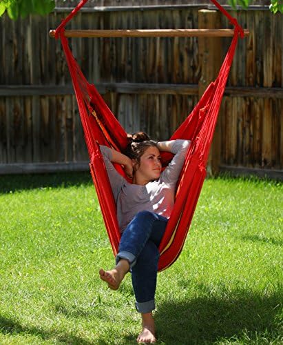 Authentic Brazilian Hammock, Large Hanging Rope Chair Swing (Hand Made in Brazil) for Yards, Bedrooms, Porches, Indoor / Outdoor, Built by Traditional Artisans Red Stripes