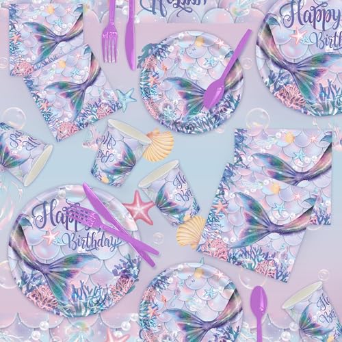 Kastwave 118Pcs Mermaid Birthday Party Supplies Decorations Set Includes Plates, Napkin, Fork, Cup, Tablecloth, Banner For Baby Shower Ocean Decorations, Serves 16