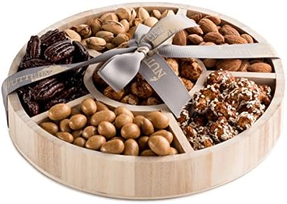 The Nuttery Classic Holiday Wooden 6 Section Round Nuts Gift Tray -Large