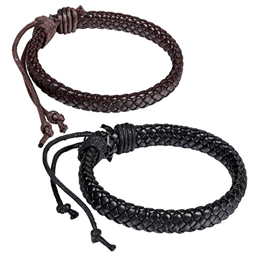 Flongo 2PCS Men's Womens Braided Black & Brown Leather Rope Woven Wrap Surfer Cuff Bracelets Set, Fit 7.6-10.6 inch Wrist